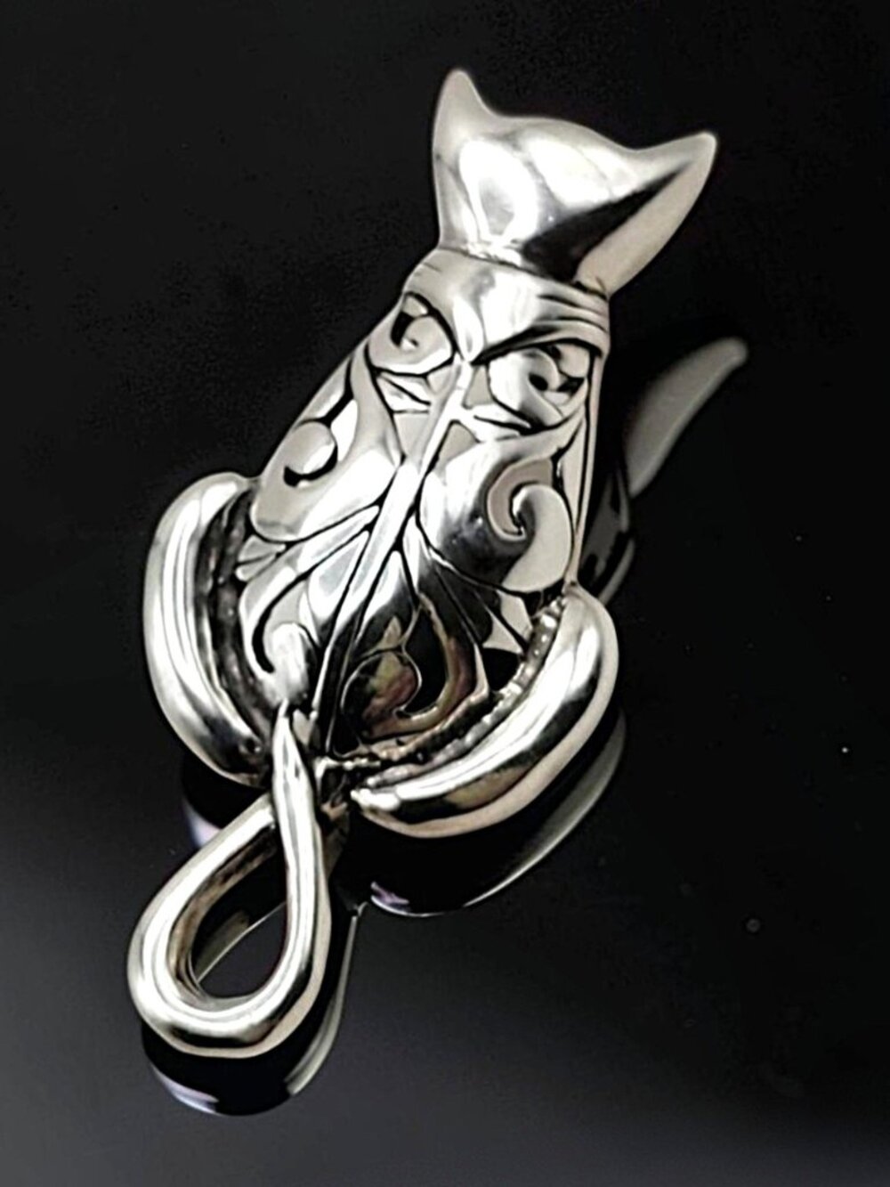 Sterling Silver Stylized Cat Brooch Pin 925 Artisan Feline Animal Jewelry